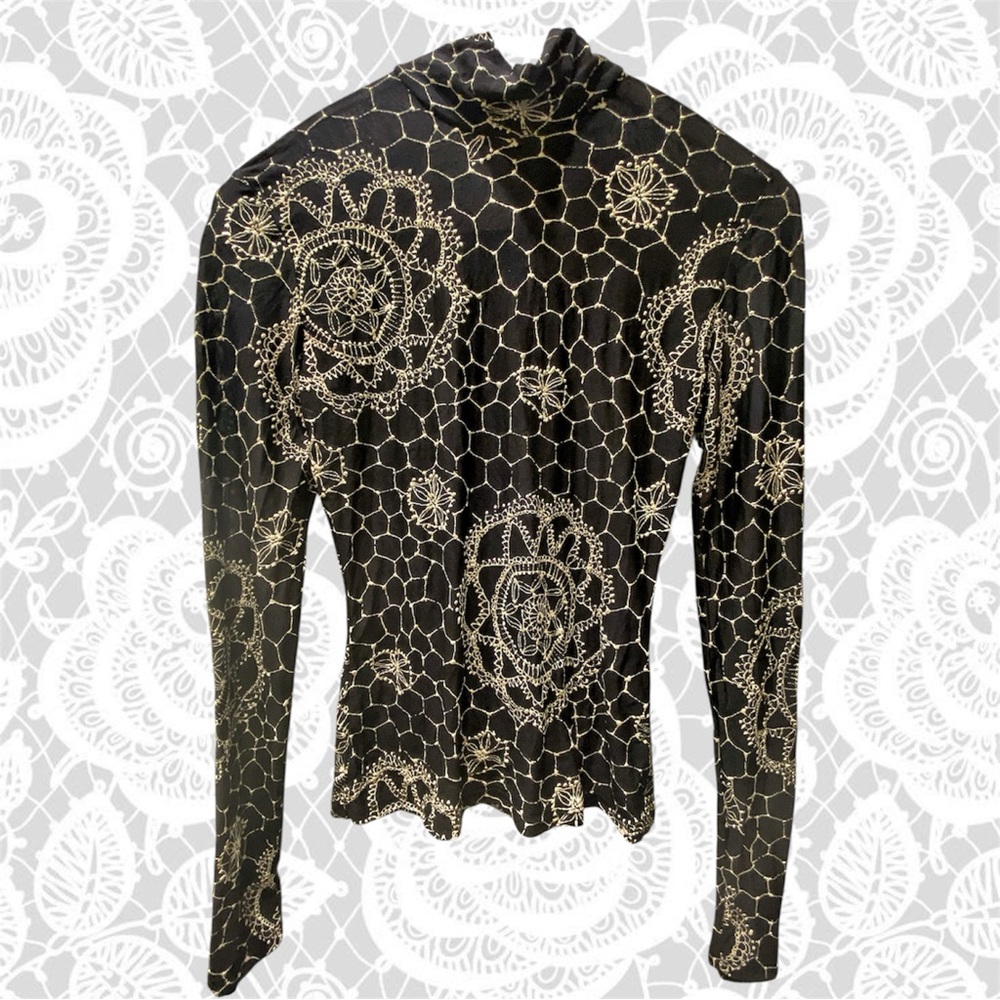 Sheer Mesh Turtleneck Top – White Lace Print